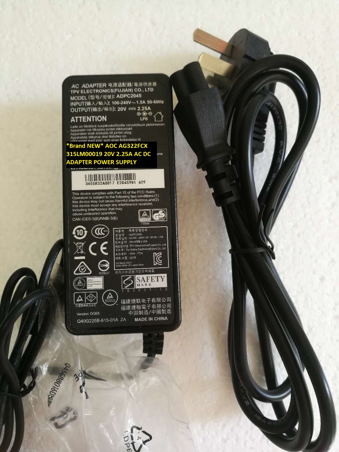 *Brand NEW* AOC 315LM00019 AG322FCX 20V 2.25A AC DC ADAPTER POWER SUPPLY
